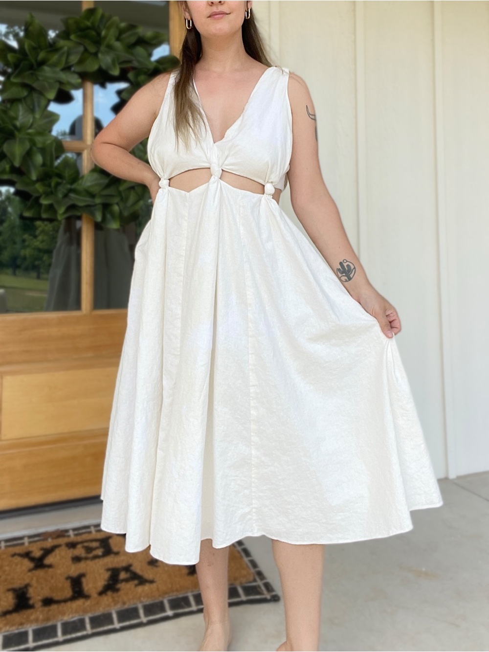 SOLD Farm Rio Cream Knot-Detail Midi Dress
